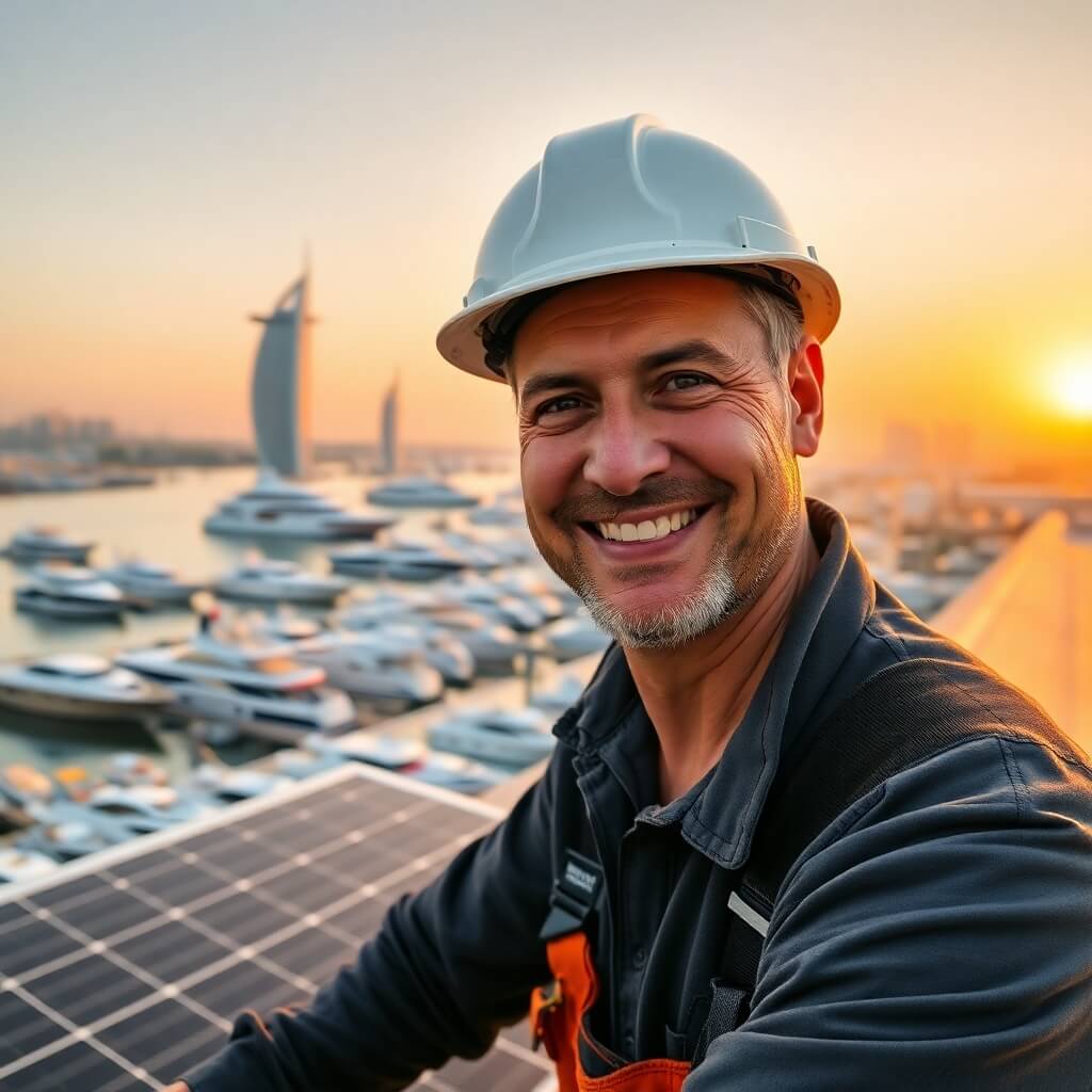 An image of a renewable energy solar panel contractor, working on an installation near the Dubai Marina.