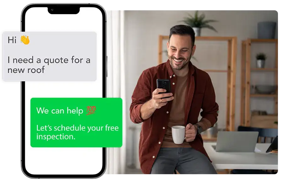 An image of a homeowner texting with a roofing contractor requesting a quote.