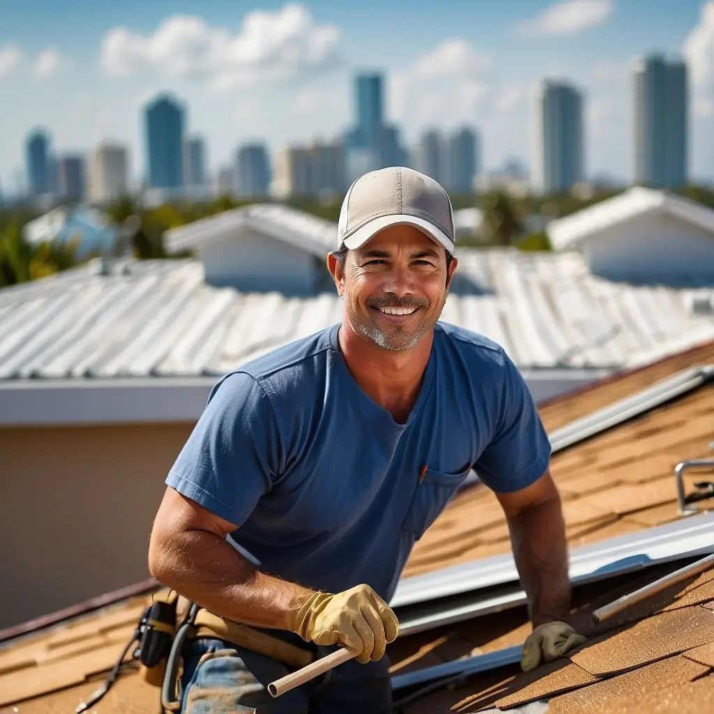 An image of a roofer actively working on a roof project in Miami.