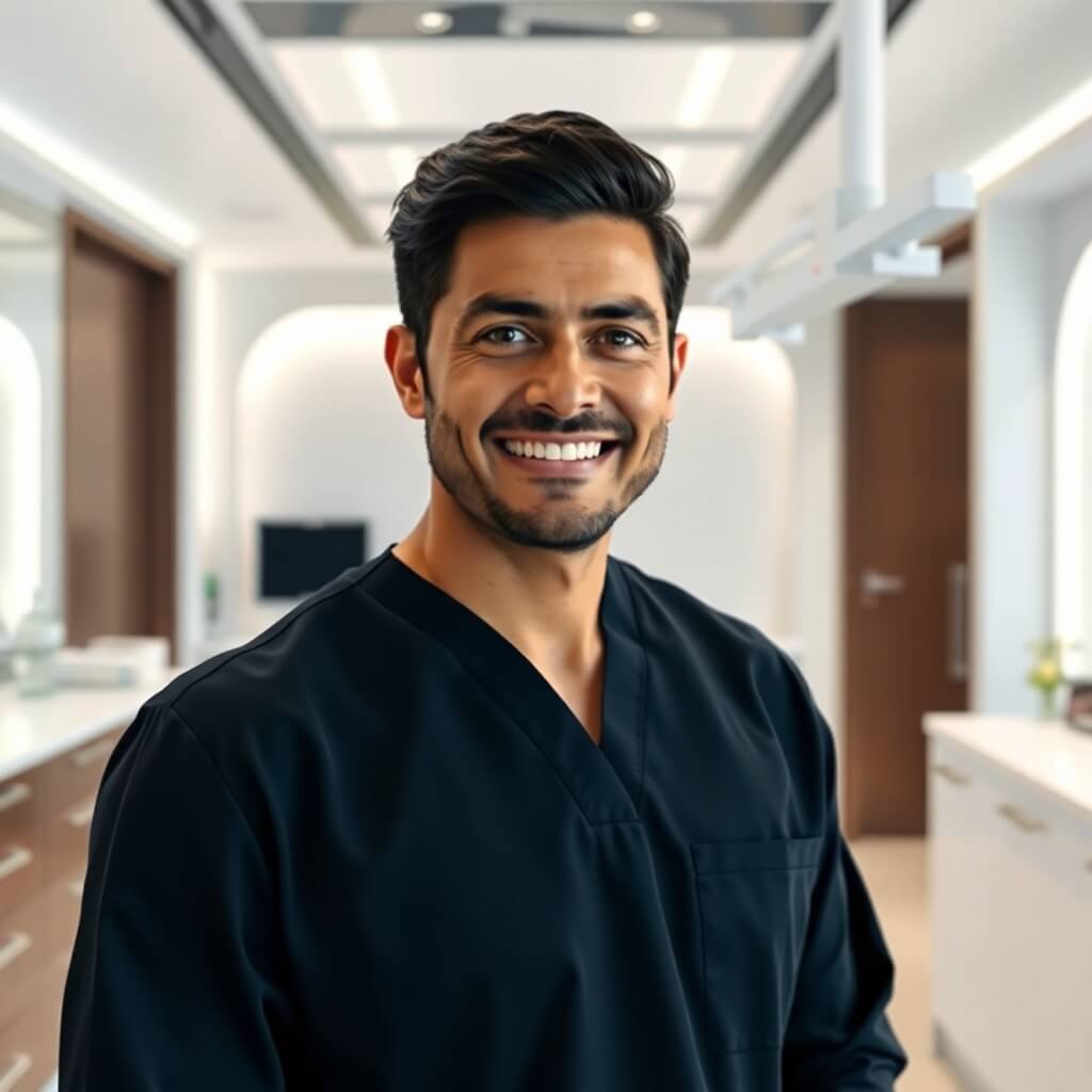 An image of a dentist in Dubai, happy with his growth from his marketing company.