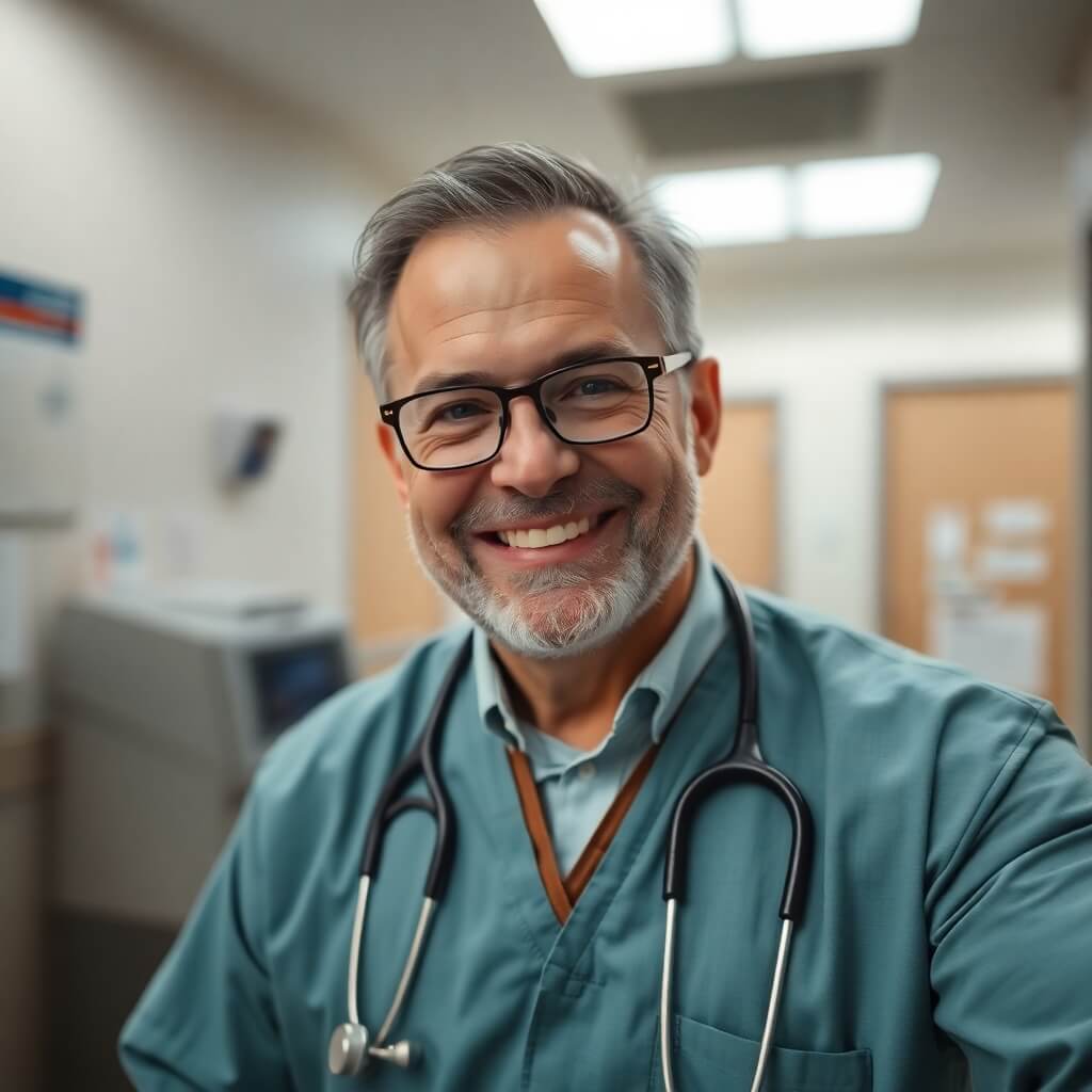 An image of a doctor, expressing happiness with his healthcare marketing agency, helping him grow.