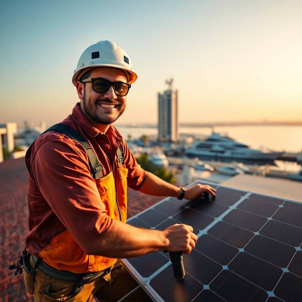 An image of a Solar contractor working on a new solar panel installation in Dubai, from a lead generated from his Solar marketing company.