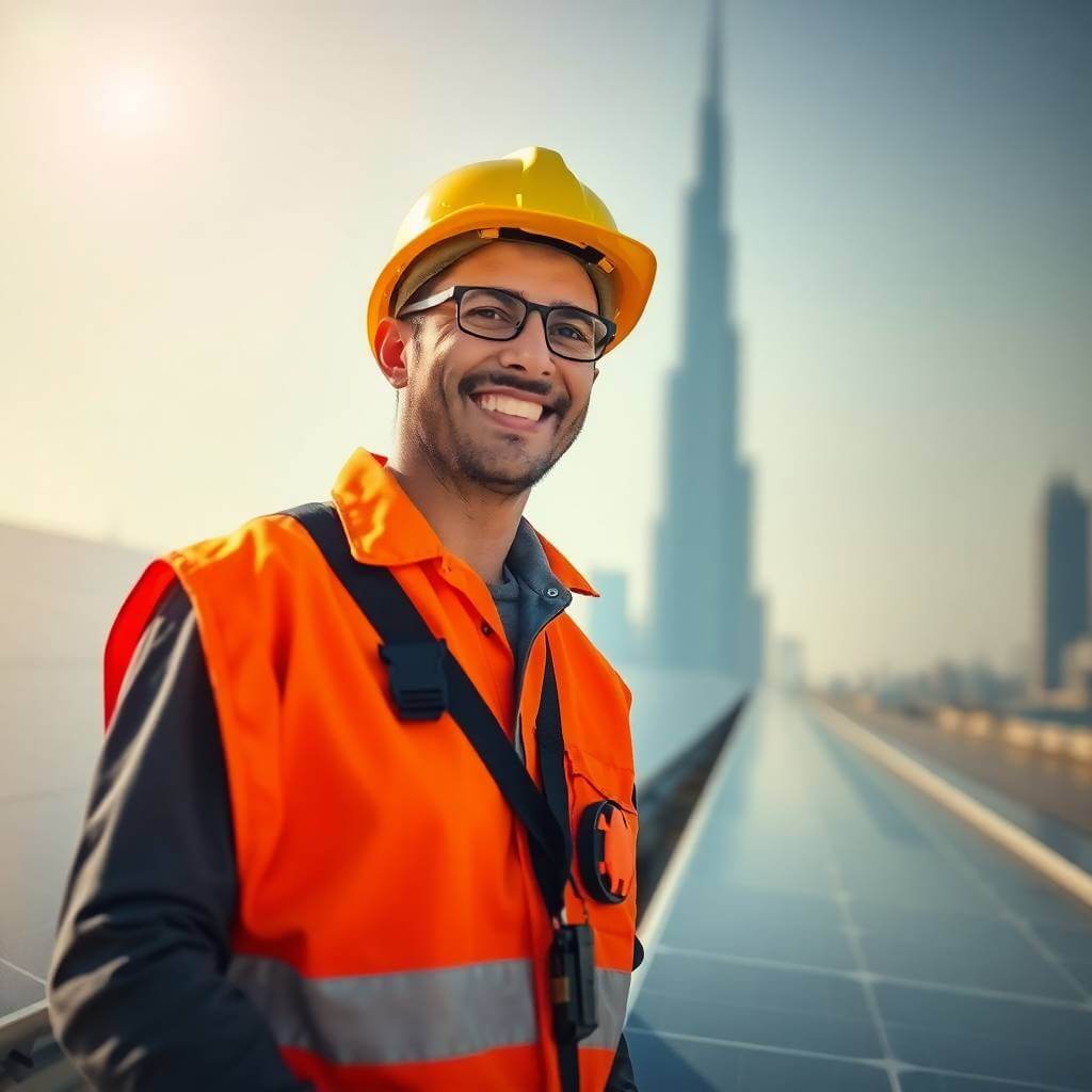 A photo of a Solar contractor working on a new solar panel installation in Dubai, from a lead generated by his Solar marketing company, with the Burj Khalifa in the background.