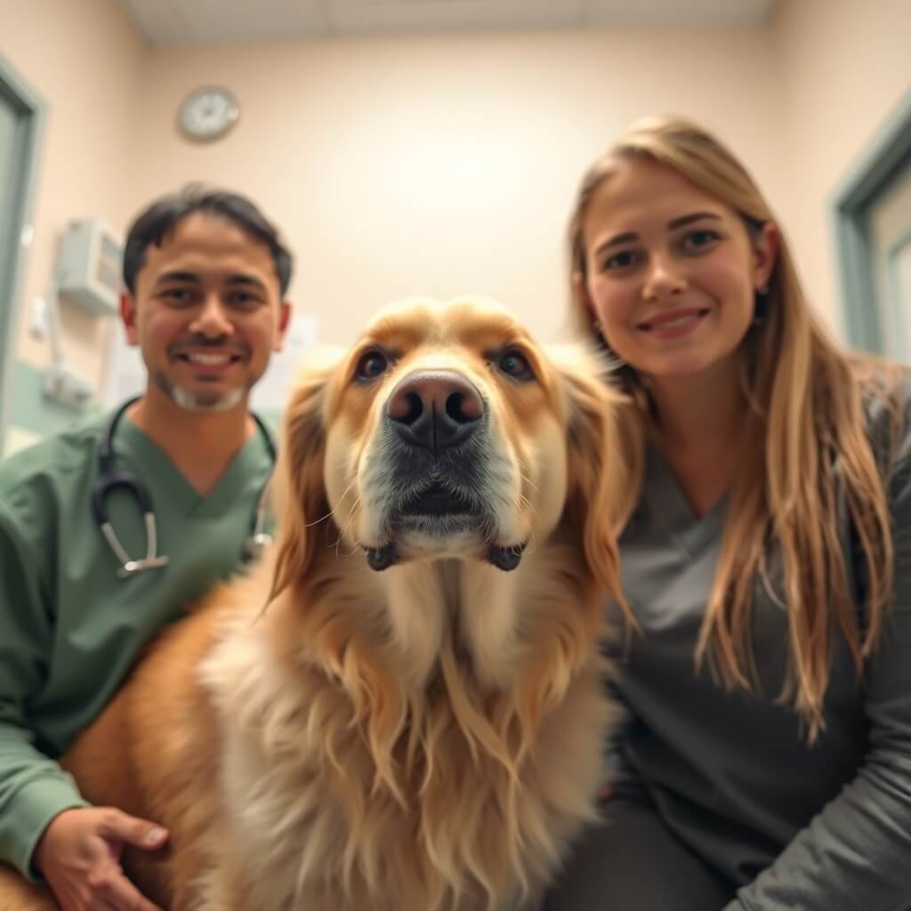 An image of a golden retriever at the vet, implying growth at the veterinary practice through digital marketing services