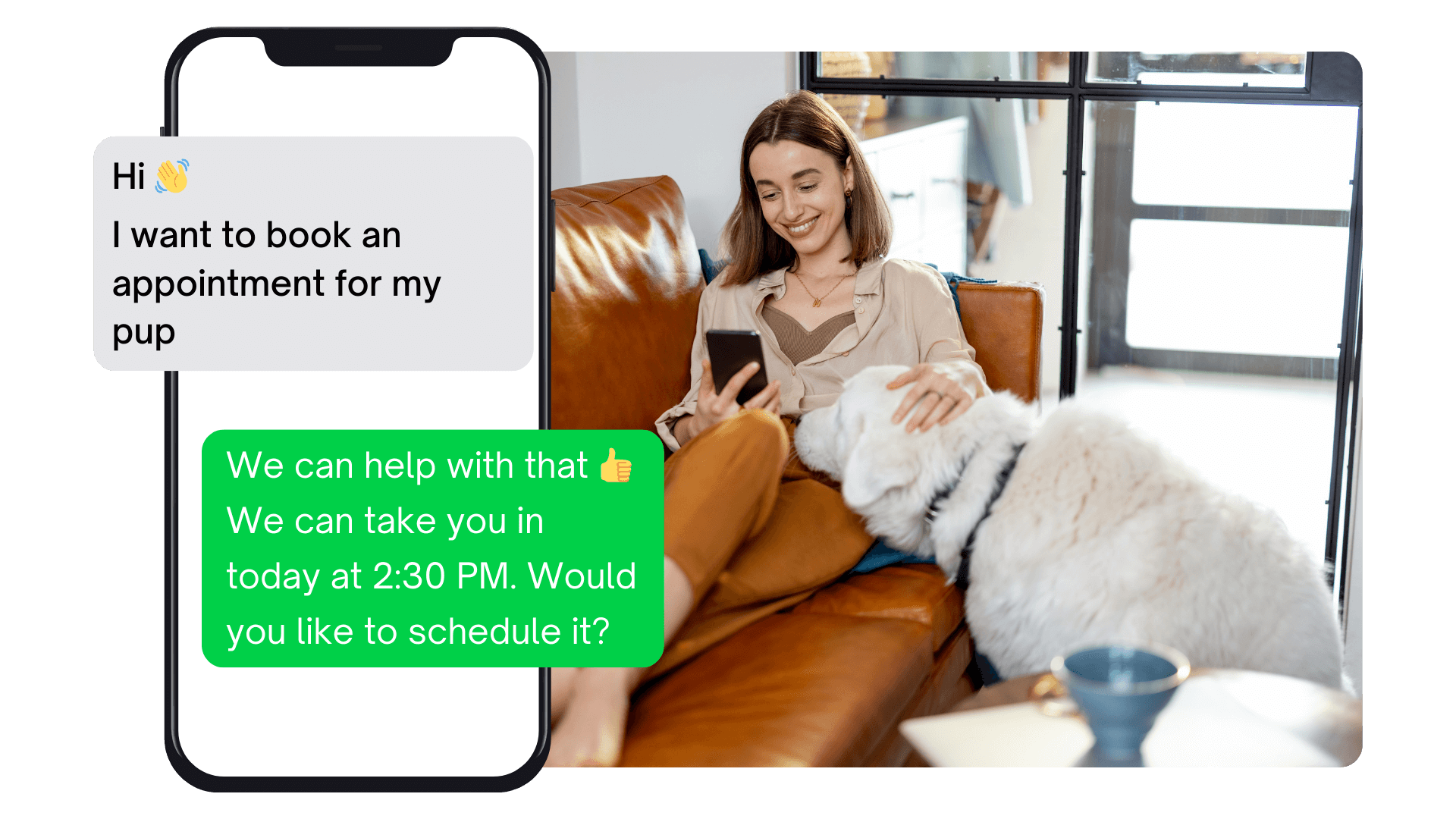 An image of a woman chatting with her veterinarian regarding scheduling an appointment.