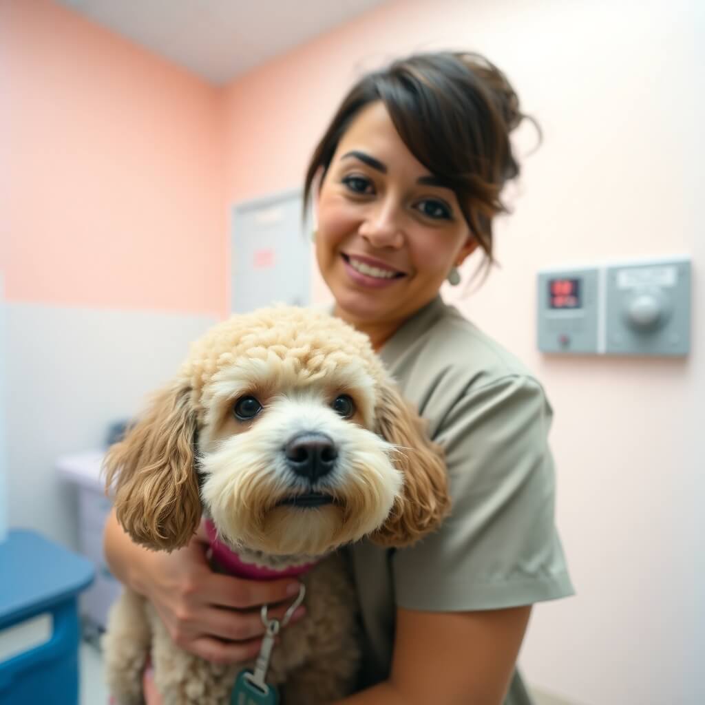 An image of a poodle at the veterinary, to demonstrate how the veterinary practice is growing through veterinary marketing services.