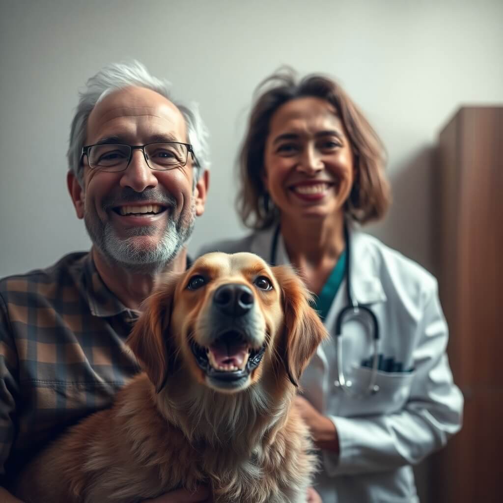 An image of a golden retriever at the vet, implying growth at the veterinary practice through SEO advertising services.